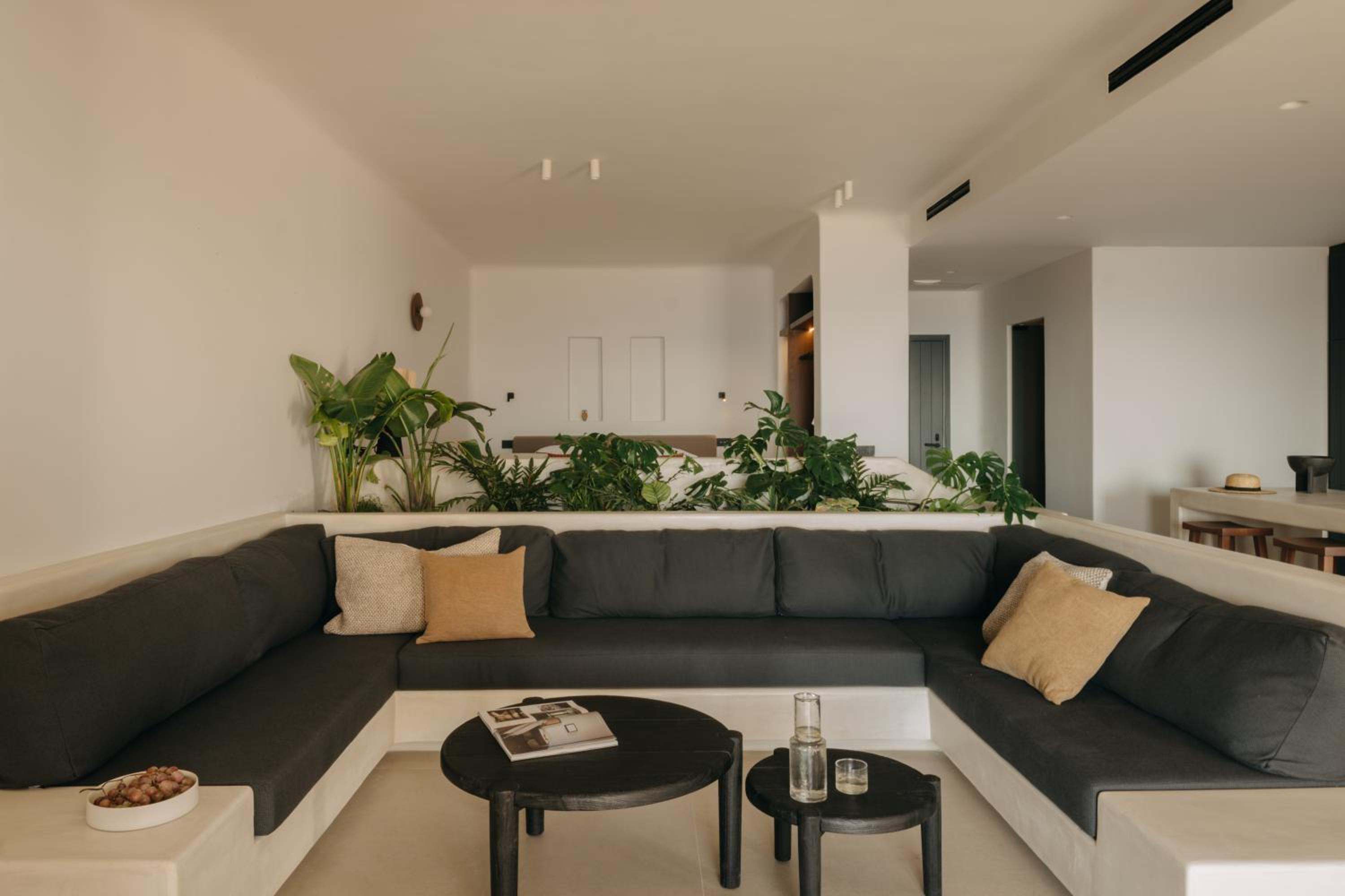 Premier Suite: a sunken lounge with dark cushions and a planter