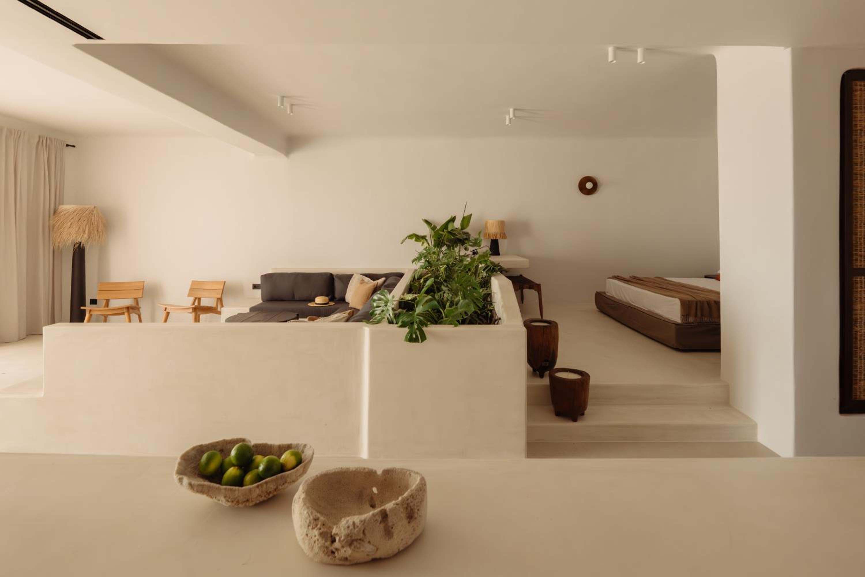 Premier Suite: the open-plan suite from the living area towards the bed